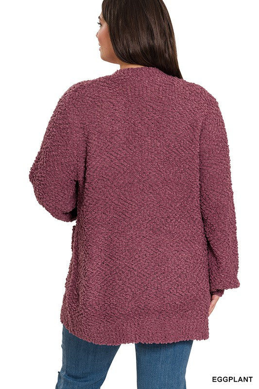 Zenana Plus Puff Sleeve Popcorn Cardigan - Online Only