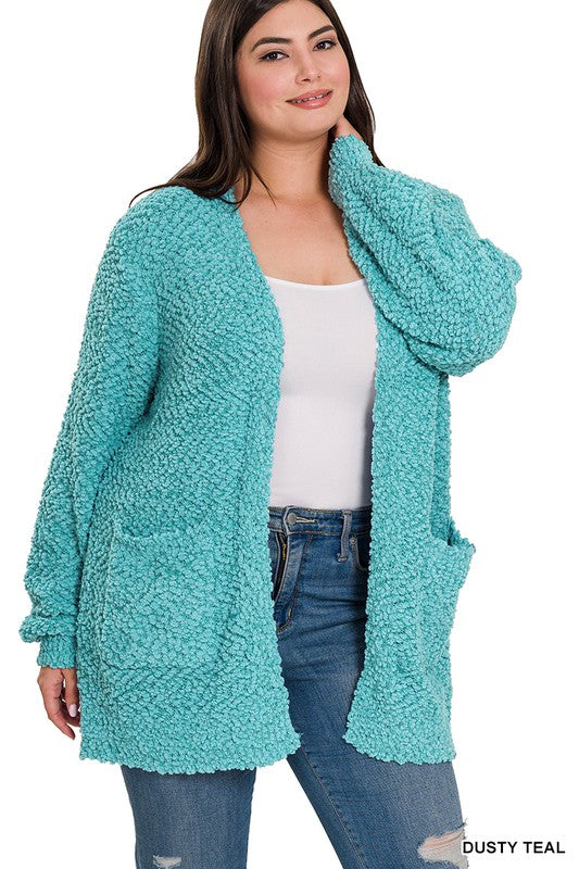 Zenana Plus Puff Sleeve Popcorn Cardigan - Online Only