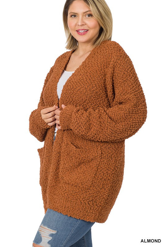 Zenana Plus Puff Sleeve Popcorn Cardigan - Online Only