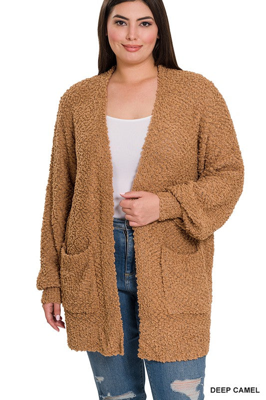 Zenana Plus Puff Sleeve Popcorn Cardigan - Online Only