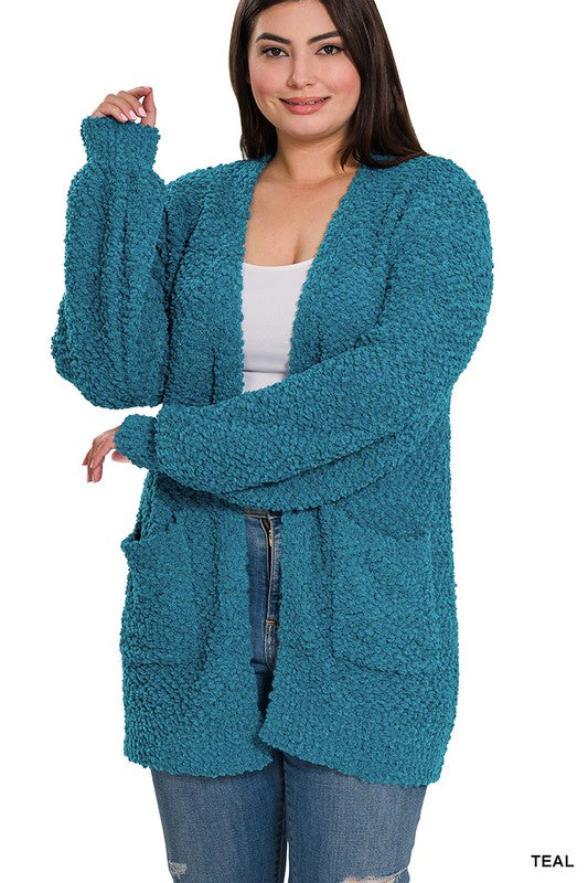 Zenana Plus Puff Sleeve Popcorn Cardigan - Online Only