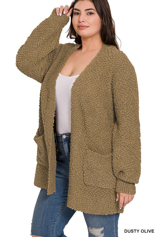 Zenana Plus Puff Sleeve Popcorn Cardigan - Online Only