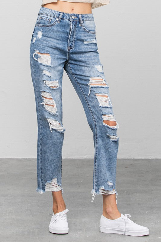 Insane Gene High Waist Heavy Distressed Girlfriend Jeans