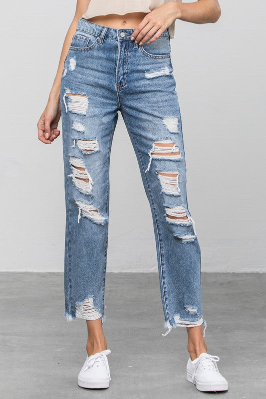 Insane Gene High Waist Heavy Distressed Girlfriend Jeans