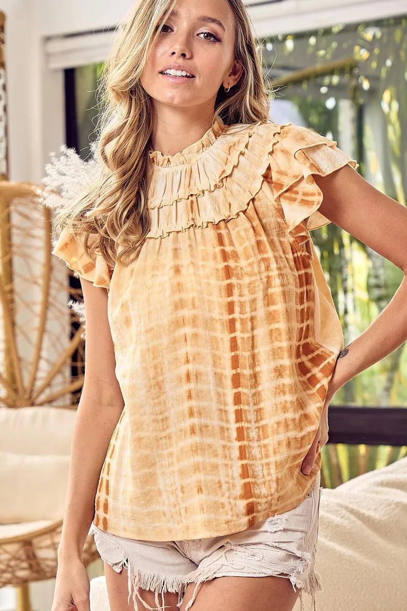 BiBi Tiered Ruffle Neck Tie Dye Top