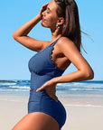 Scalloped V Neck Cut Out Monokini Swimwear