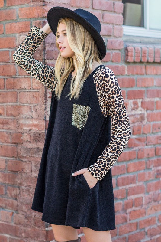 Animal Print Sleeve A-Line Dress