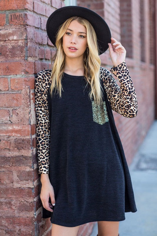 Animal Print Sleeve A-Line Dress