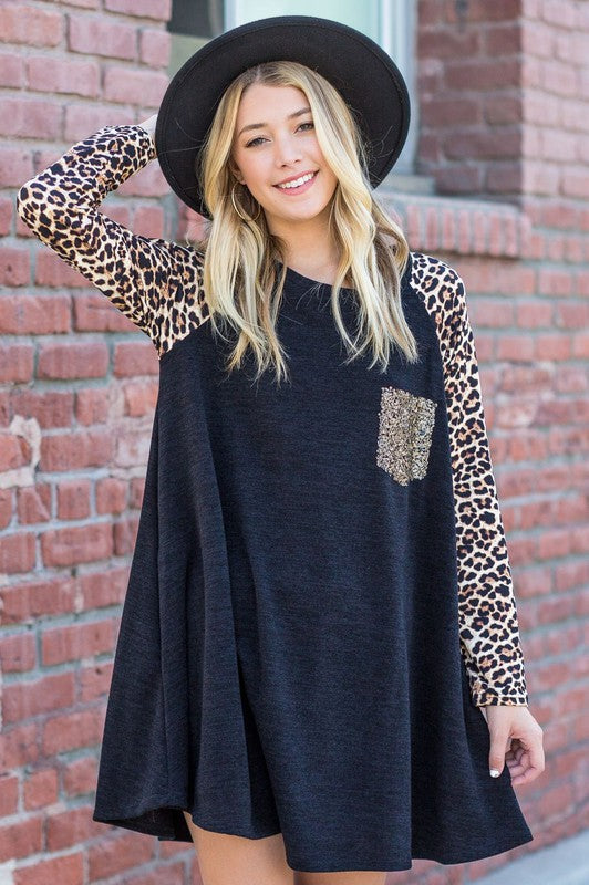 Animal Print Sleeve A-Line Dress