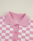 Checkered Buttons V Neck Drop Shoulder Sweater