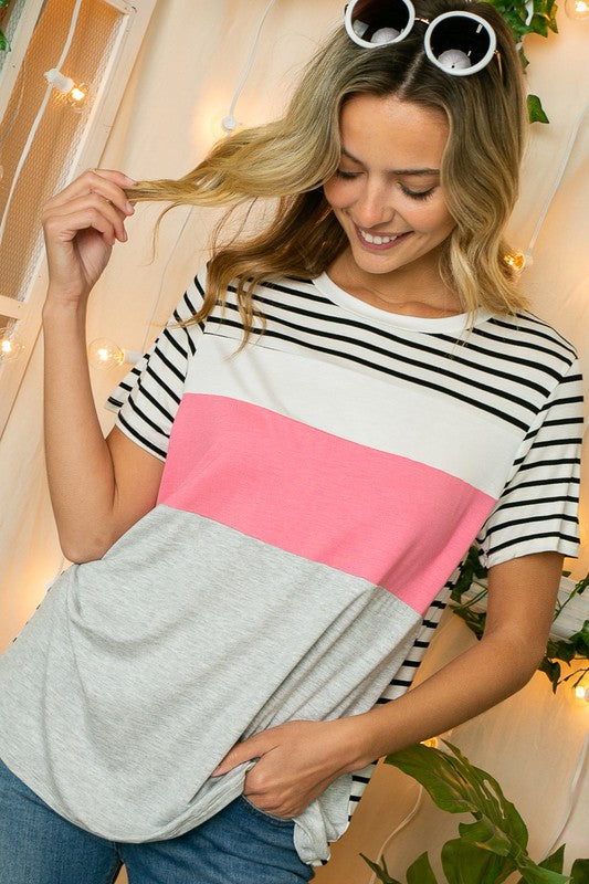 e Luna Striped Solid Color Blocked Top