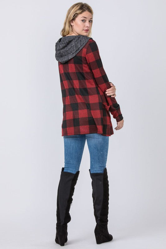 Plus Buffalo Plaid Hooded Cardigan