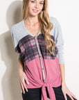 e Luna Solid Plaid Mixed Top