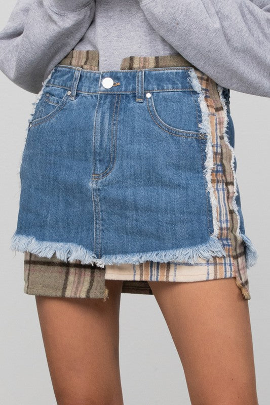 Insane Gene Plaid Checker Denim Mini Skirt