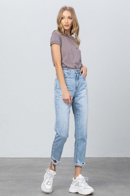 Denim Lab USA High Waist Ripped Hem Tapered Jeans