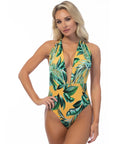 Ribbed Tropical V-Neck One Piece Swimsuit