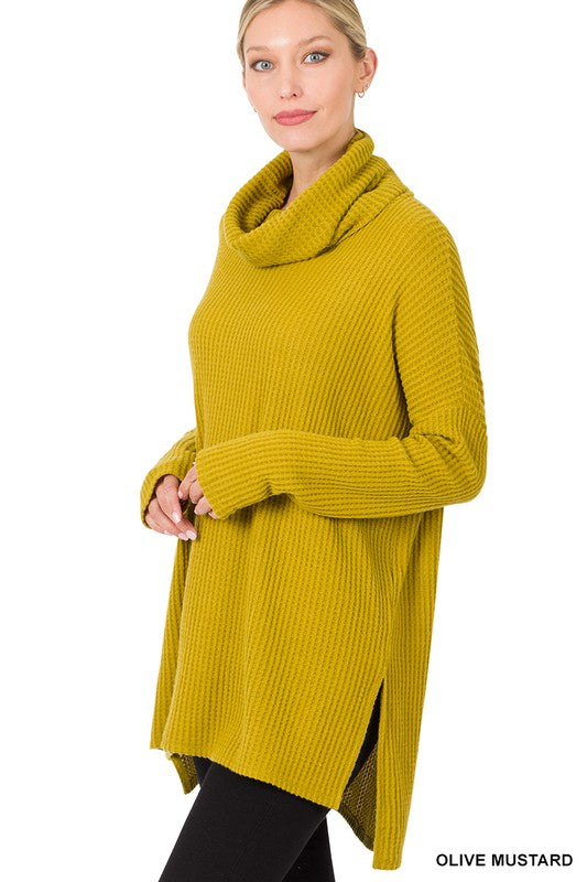 Zenana Brushed Thermal Waffle Cowl Neck Sweater - Online Only