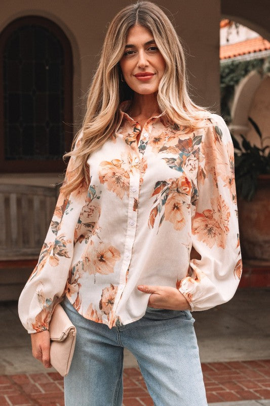 Floral Puff Sleeve Collared Shirt