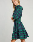 Umgee Ribbon Print Frill Contrast Velvet Trim Half Sleeve Dress