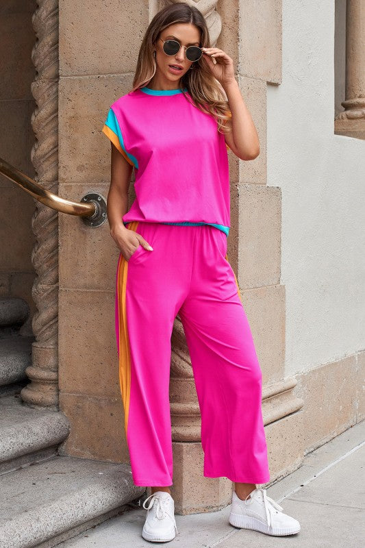 Colorblock Cap Sleeve Tee and Pants Set