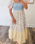 Floral Stripe Colorblock Square Neck Shirred Dress