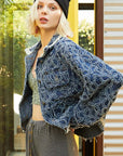 POL Flower Textured Raw Hem Long Sleeve Denim Jacket