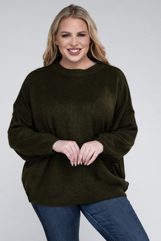 Zenana Plus Oversized Round Neck Raw Seam Melange Sweater