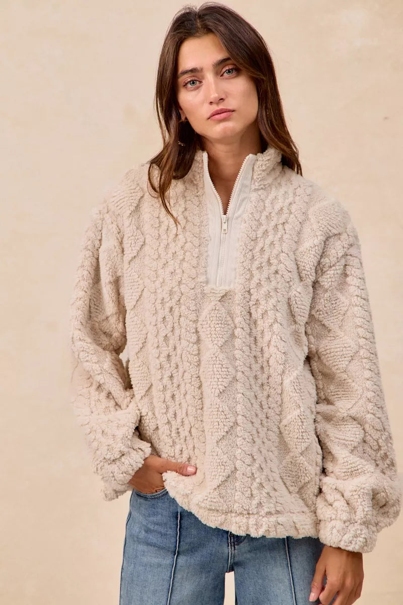 BiBi Patterned Soft Fleece Half Zip Up Top