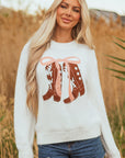Western Bow Tie Boots Embroidered Drop Shoulder Sweater