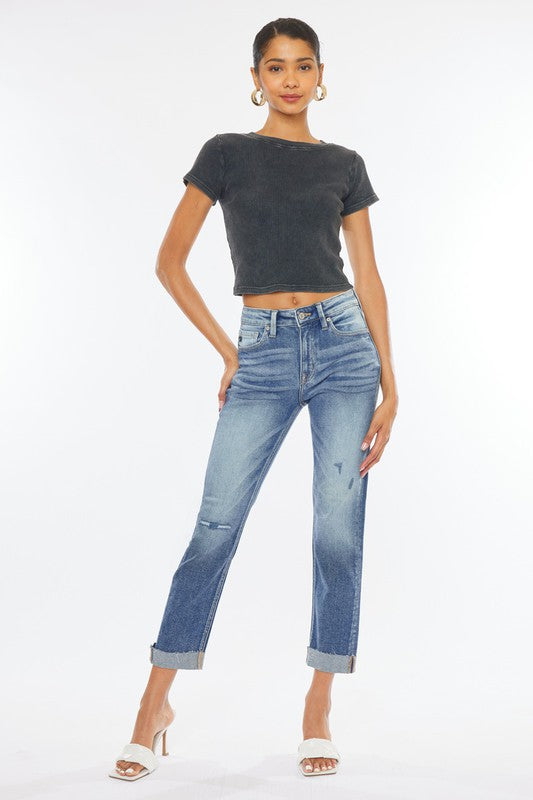 Kan Can High Rise Cuffed Slim Straight Jean - Online Only