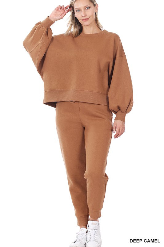 ZENANA Balloon Sleeve Sweatshirt & Sweatpants Set