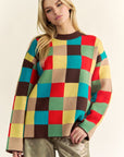 Davi & Dani Color Block Checkered Dropped Shoulder Sweater