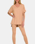 Zenana Full Size V-Neck Rolled Short Sleeve T-Shirt and Leggings Lounge Set