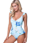 Blue Floral Ruffle Trim One Piece Swimsuit