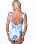 Blue Floral Ruffle Trim One Piece Swimsuit