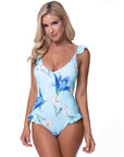 Blue Floral Ruffle Trim One Piece Swimsuit