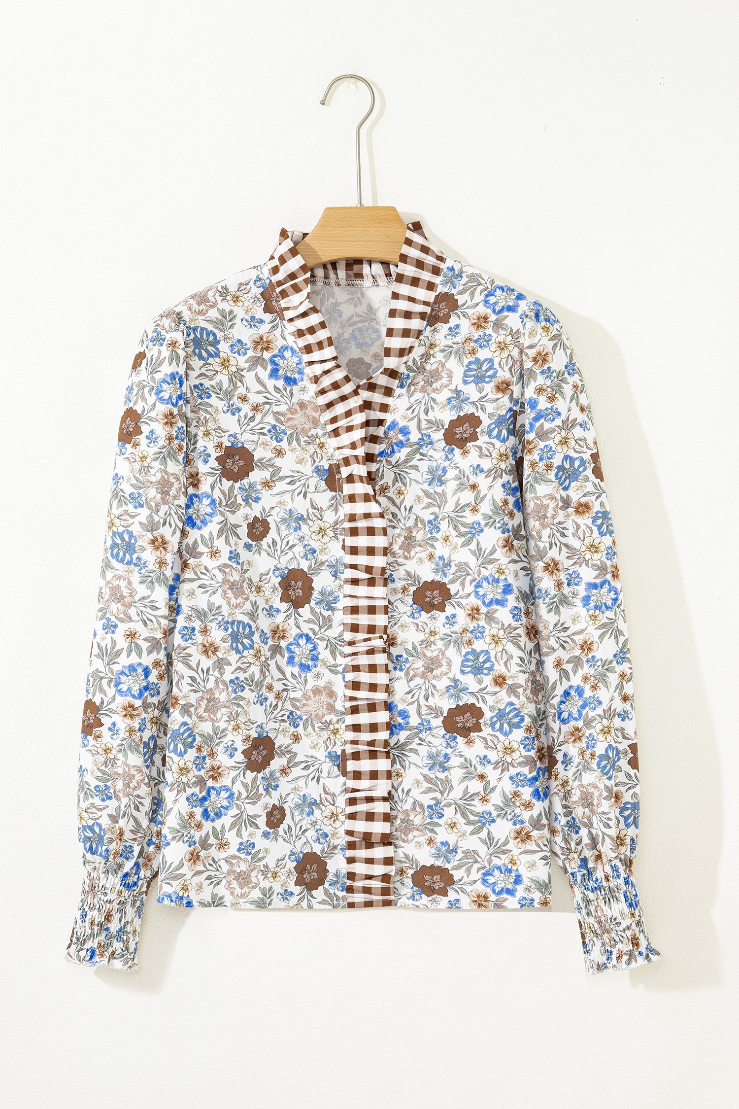 Floral Gingham Plaid Frilled Trim Long Sleeve Blouse