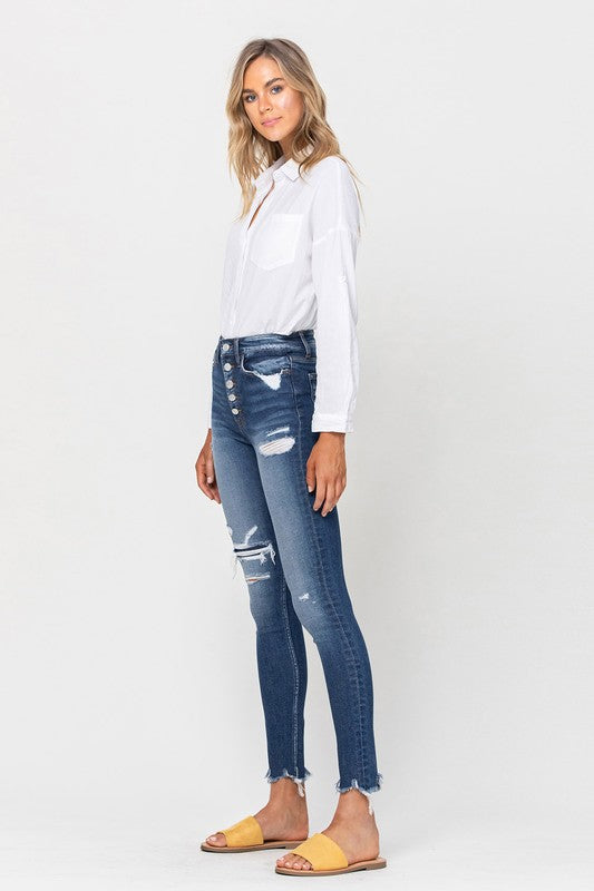 VERVET by Flying Monkey High Rise Patched Button Up Raw Hem Ankle Skinny