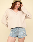 VERY J Exposed Seam V-Neck Ribbed Knit Top