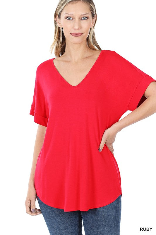 Zenana Luxe Rayon Short Cuff Sleeve V-Neck Round Hem Top - Online Only