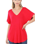 Zenana Luxe Rayon Short Cuff Sleeve V-Neck Round Hem Top - Online Only