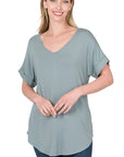 Zenana Luxe Rayon Short Cuff Sleeve V-Neck Round Hem Top - Online Only