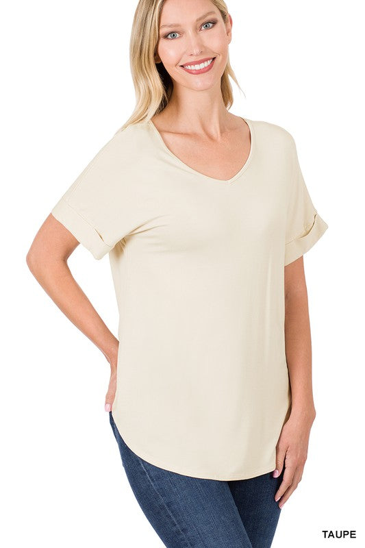 Zenana Luxe Rayon Short Cuff Sleeve V-Neck Round Hem Top