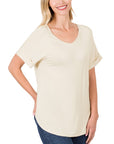 Zenana Luxe Rayon Short Cuff Sleeve V-Neck Round Hem Top - Online Only