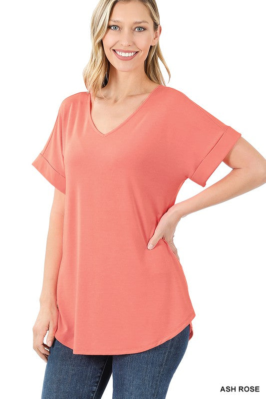 Zenana Luxe Rayon Short Cuff Sleeve V-Neck Round Hem Top - Online Only