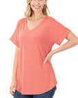 Zenana Luxe Rayon Short Cuff Sleeve V-Neck Round Hem Top - Online Only