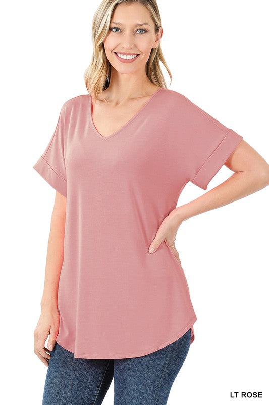 Zenana Luxe Rayon Short Cuff Sleeve V-Neck Round Hem Top