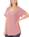 Zenana Luxe Rayon Short Cuff Sleeve V-Neck Round Hem Top