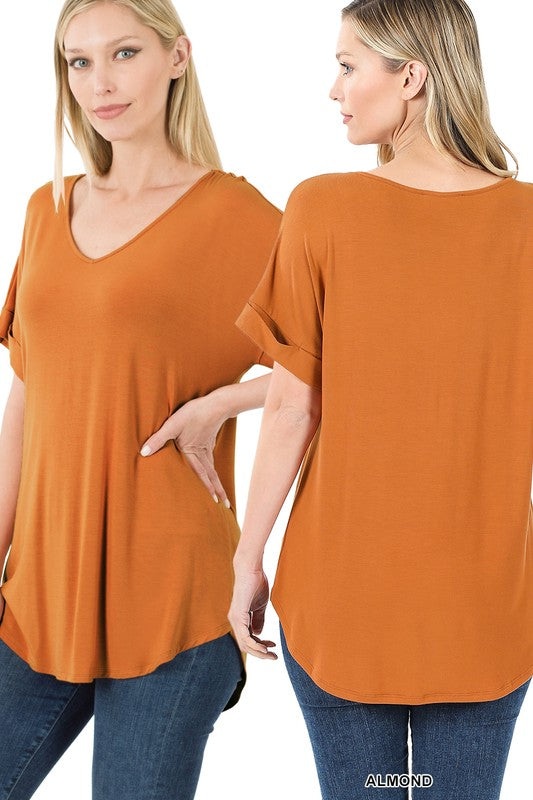 Zenana Luxe Rayon Short Cuff Sleeve V-Neck Round Hem Top - Online Only