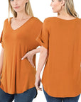 Zenana Luxe Rayon Short Cuff Sleeve V-Neck Round Hem Top - Online Only